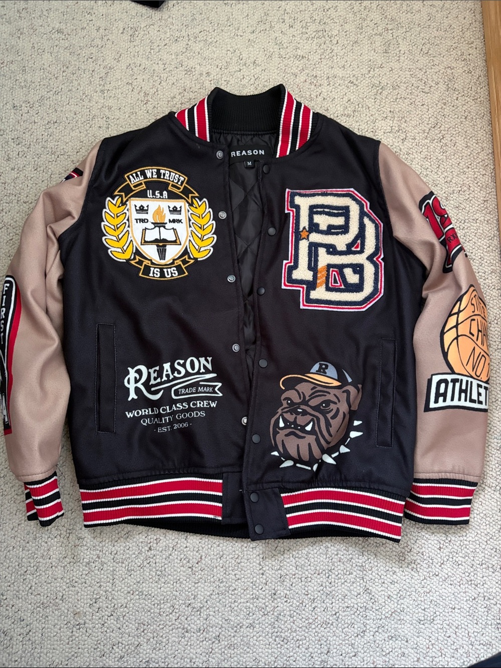 Reason Black & Tan Embroidered Patch Varsity Jacket